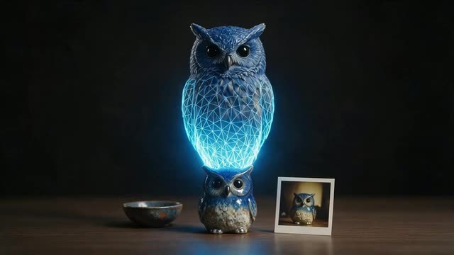 Slow push-in on a photo of an owl figurine becoming a 3D model
