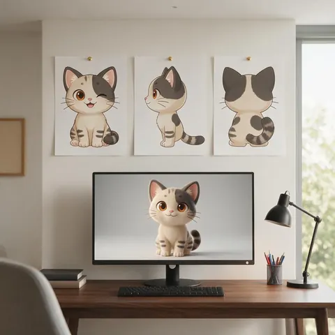 Cat character turnaround drawings above a monitor showing its 3D model