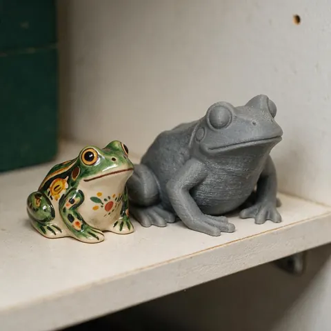 Ceramic frog figurine next to a larger 3D printed copy