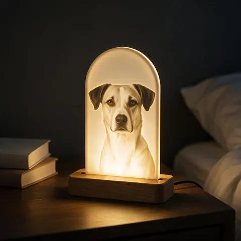 Glowing dog portrait lithophane in a lamp