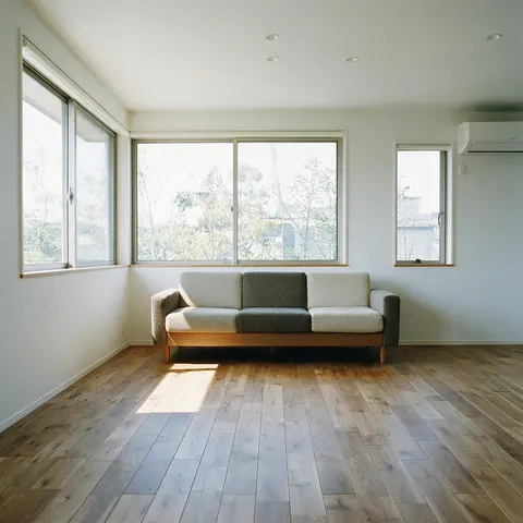 Bright modern living room seen from a doorway
