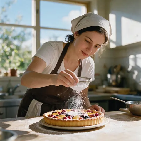 Baker dusting sugar over a fruit tart in a sunny kitchen
