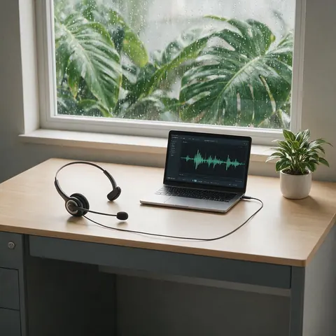 Customer-service desk with a headset and laptop waveform by a rainy tropical window