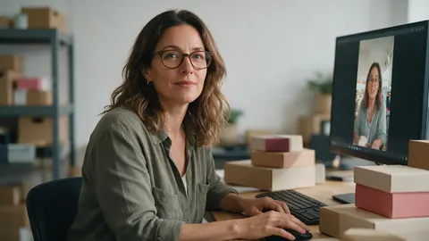 An e-commerce manager with product boxes and a vertical video on screen