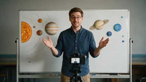 An educator at a whiteboard with planet diagrams and a camera