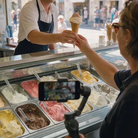 Phone on a gimbal filming colourful gelato trays at a shop counter