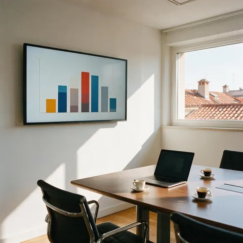 Meeting room screen with a bar chart and a window over terracotta rooftops
