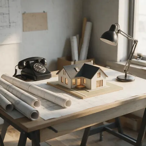 Architecture studio desk with a phone, rolled drawings and a scale model