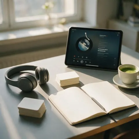 Study desk with headphones, blank flashcards, notebook and matcha