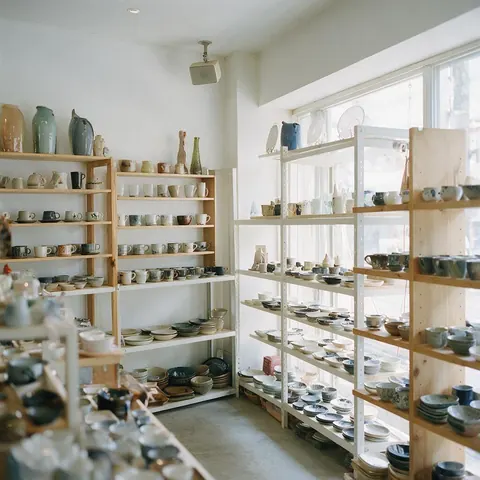 Small homeware shop with neat ceramic shelves and a ceiling speaker