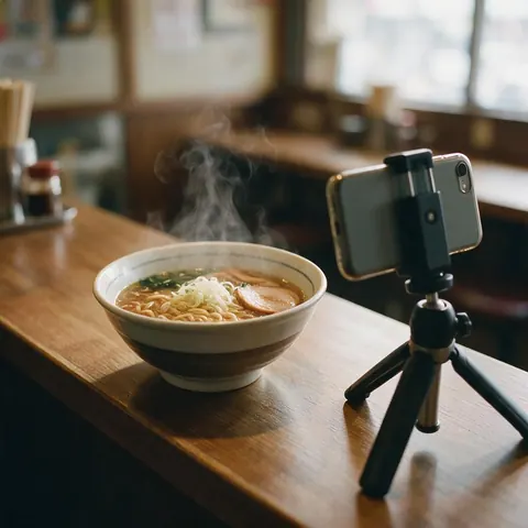 Phone on a mini tripod filming a steaming bowl of ramen on a wooden counter