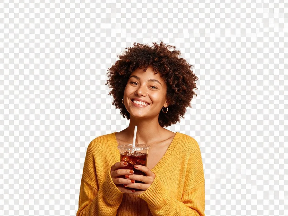 Flat promo design: a woman holding an iced coffee in front of a coral background with a mustard circle, teal waves and confetti, all in one image (after)