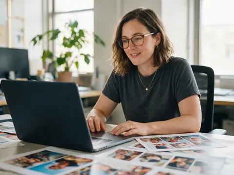 A woman at an office desk with a laptop and colourful poster proofs