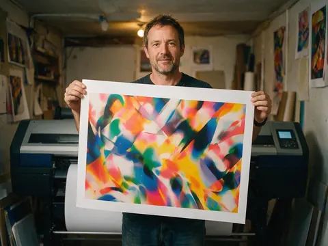 A man in a print shop holding up a large printed abstract poster in front of a wide-format printer