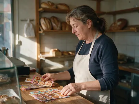 A woman arranging picture-only pastry flyers on a wooden bakery counter