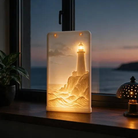 Backlit lithophane of a lighthouse glowing on a windowsill