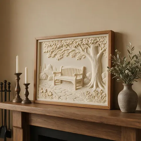 Relief panel of a garden bench in a frame on a mantel
