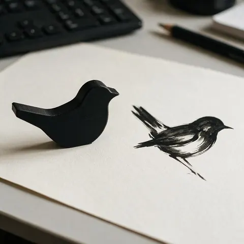 Black 3D printed bird silhouette beside the original ink drawing