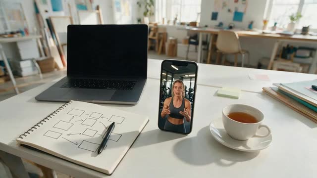 Looping clip of a desk with a phone playing a talking video