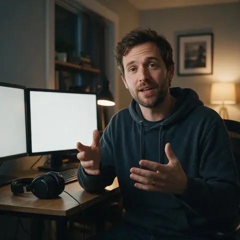Freelance video editor talking to camera at his desk