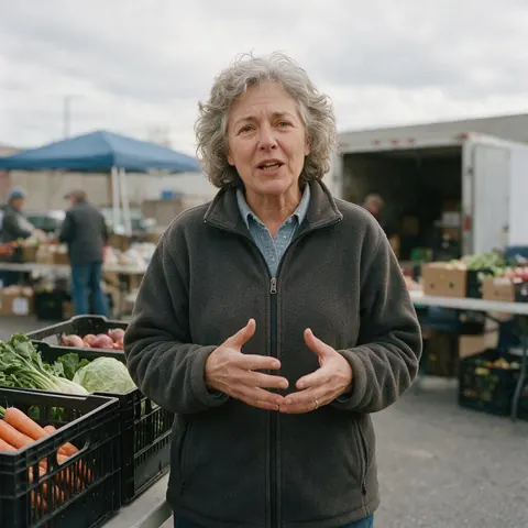 Volunteer speaking to camera outside a food bank