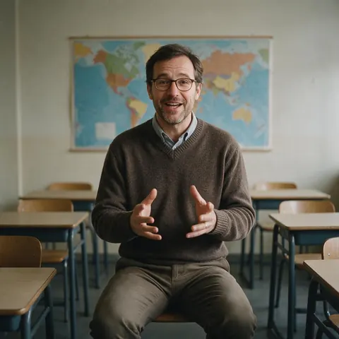 Language teacher speaking to camera in a classroom