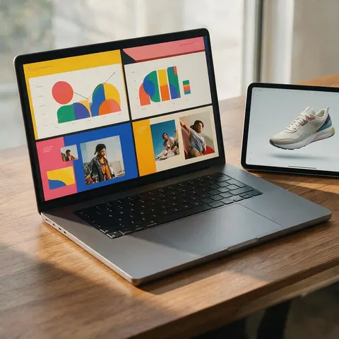 A laptop with a slide deck and a tablet with a 3D model, made from one chat