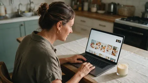 A small-business owner reviewing product shots on a laptop