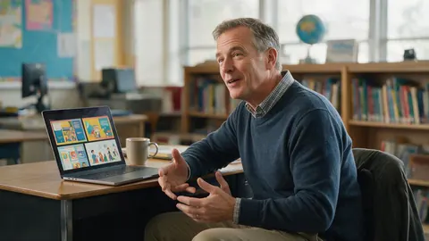 A teacher with a laptop showing an illustrated slide deck