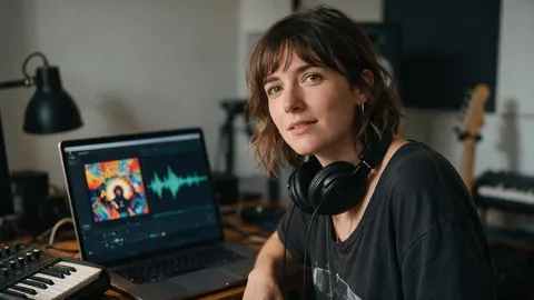 A musician with cover art and a waveform on her laptop