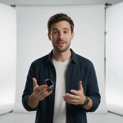Product marketer presenting a smartwatch with hand gestures