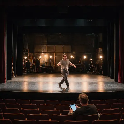 Actor rehearsing a gesture on stage while a director watches with a tablet