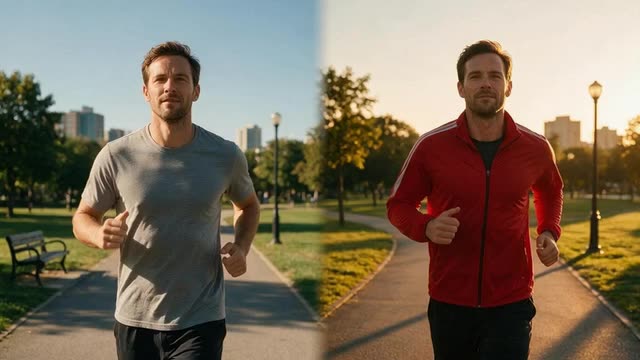 Looping clip of a jogger whose outfit and time of day change mid-stride