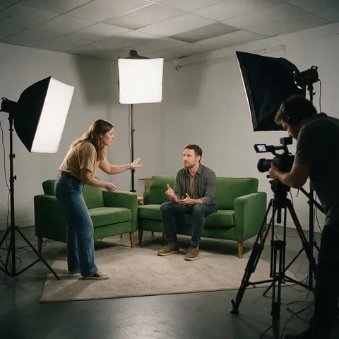 Content studio filming a presenter on a sofa set