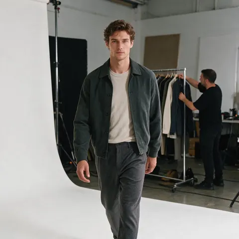 Model walking on a white studio cyclorama