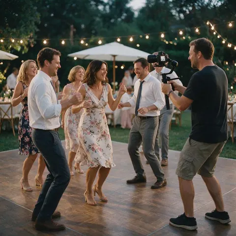 Guests dancing at a garden party while a videographer films