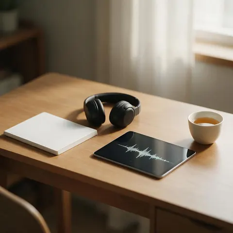 Study desk with grid notebook, headphones and a tablet playing audio