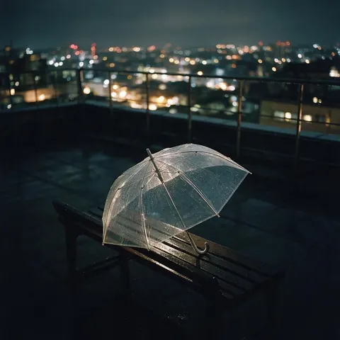Open clear umbrella on a rooftop bench in night rain above city lights