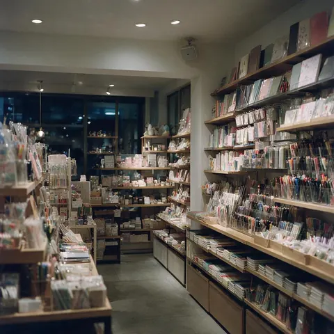 Boutique interior at closing time with neat shelves and a ceiling speaker