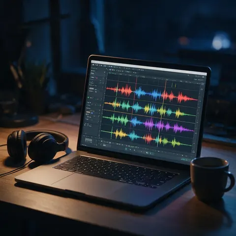 Laptop with stacked waveforms and headphones at night