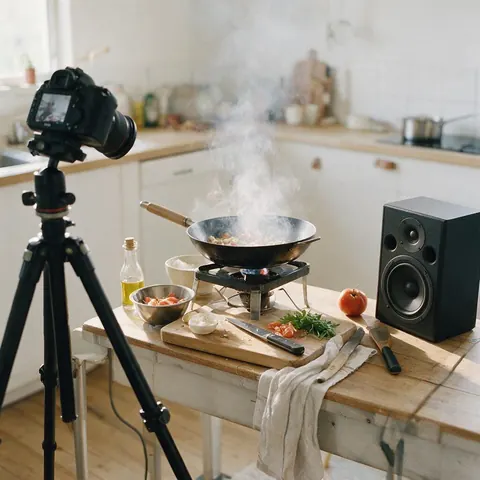 Camera filming a cooking video with a speaker playing music