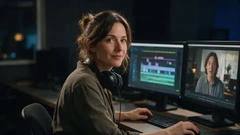 A video editor working on a talking-head clip at two monitors