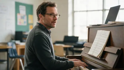A music teacher at a piano in a bright classroom