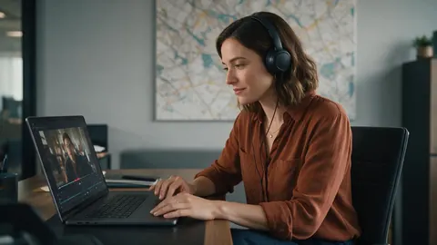 A localisation manager reviewing a dubbed video on a laptop