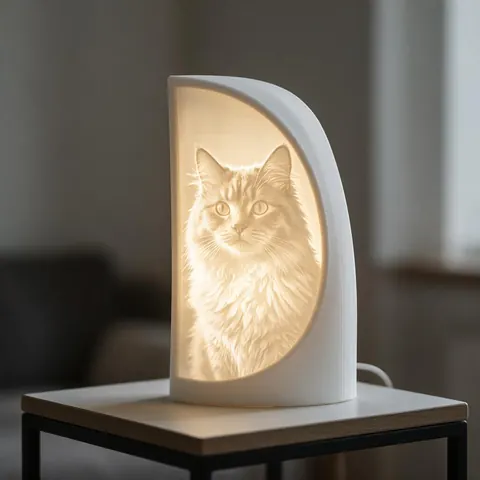 Glowing curved lithophane lamp showing a cat portrait