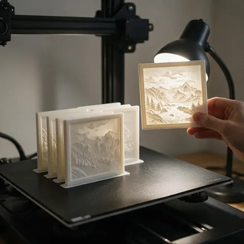 Framed lithophane panels on a 3D printer bed, one lit by a lamp