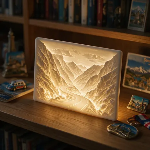 Backlit lithophane of a mountain valley on a bookshelf