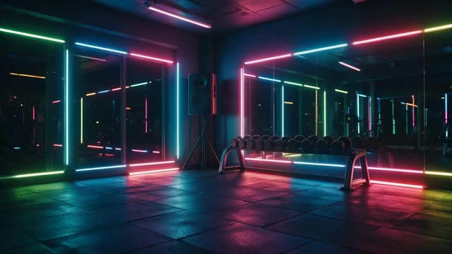 Neon gym with pulsing lights and drifting haze