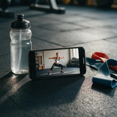 Phone playing a workout video on a gym floor