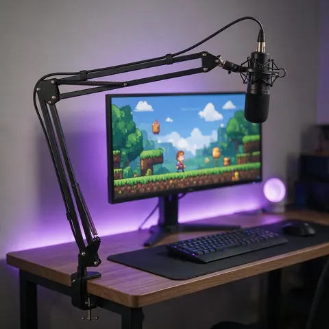 Streaming setup with a mic and a pixel-art game on screen